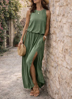 Women's Elastic Waist Maxi Dress – Sleeveless Side Slit Summer Dress
