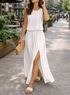 Women's Elastic Waist Maxi Dress – Sleeveless Side Slit Summer Dress