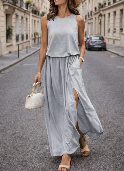 Women's Elastic Waist Maxi Dress – Sleeveless Side Slit Summer Dress