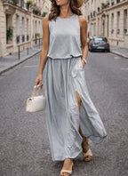 Women's Elastic Waist Maxi Dress – Sleeveless Side Slit Summer Dress
