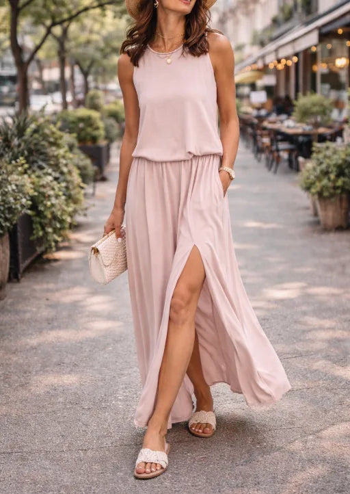Women's Elastic Waist Maxi Dress – Sleeveless Side Slit Summer Dress