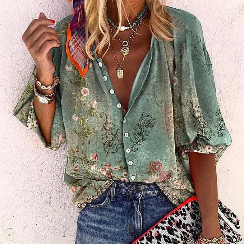 Women's Boho Button Front Blouse – V-Neck Long Sleeve Blouse