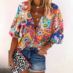 Women's Boho Button Front Blouse – V-Neck Long Sleeve Blouse