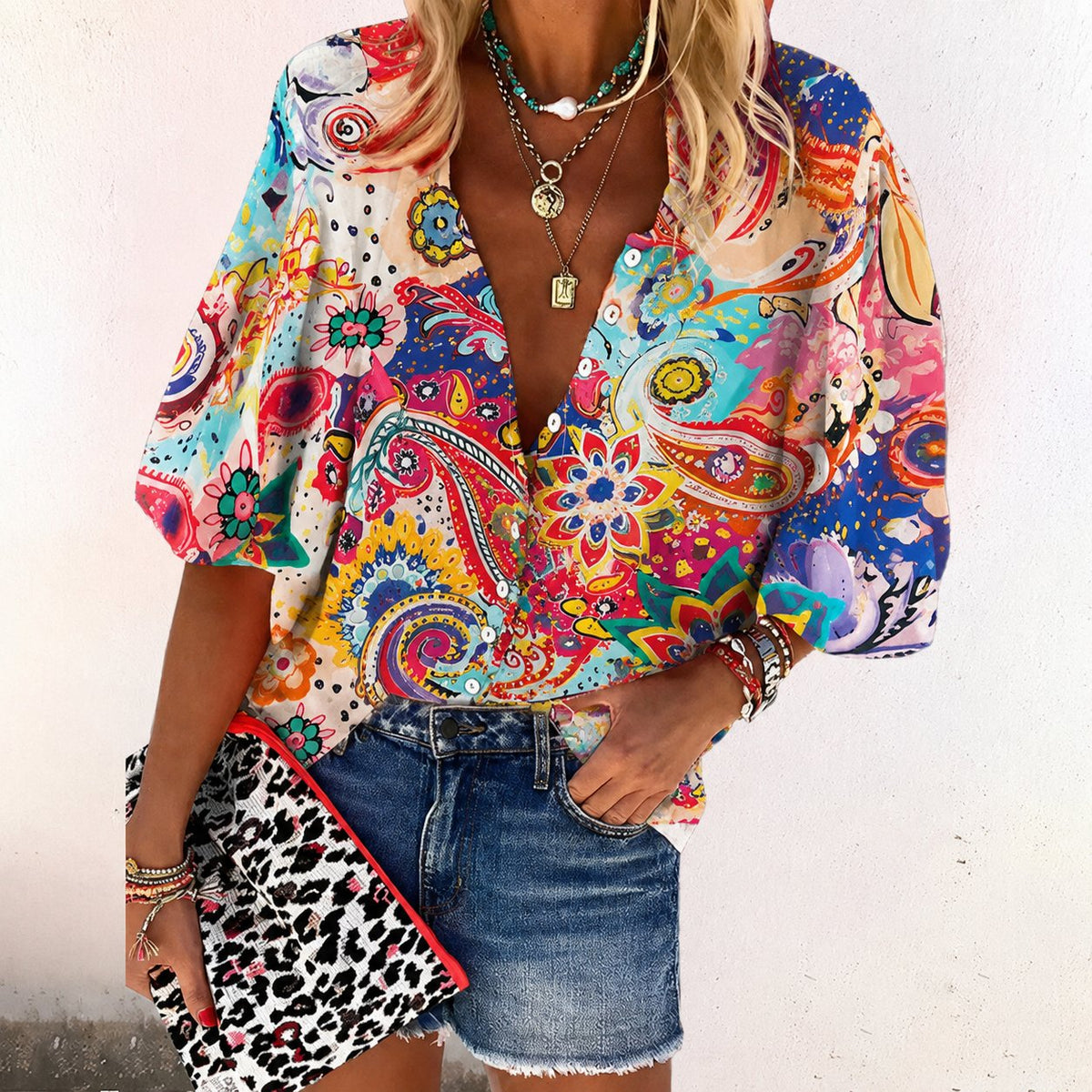 Women's Boho Button Front Blouse – V-Neck Long Sleeve Blouse