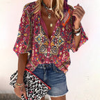 Women's Boho Button Front Blouse – V-Neck Long Sleeve Blouse