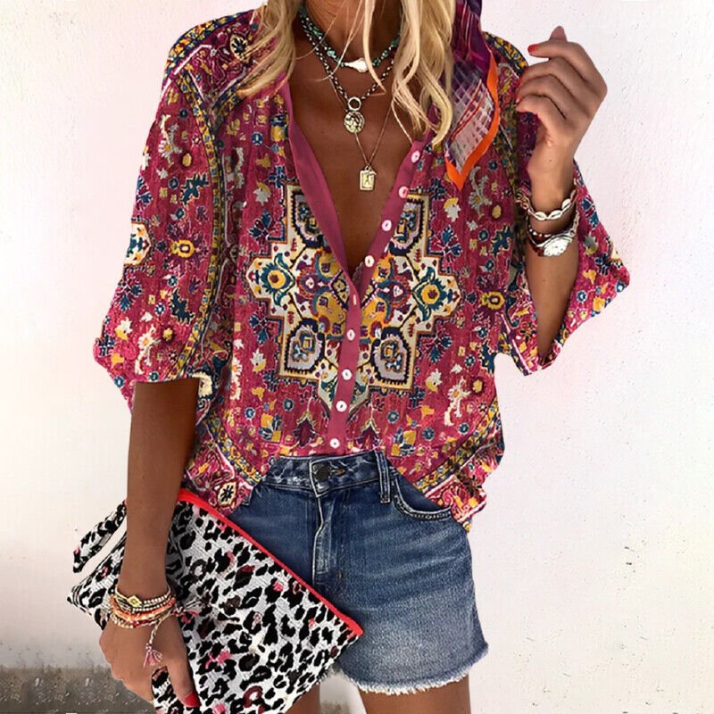 Women's Boho Button Front Blouse – V-Neck Long Sleeve Blouse