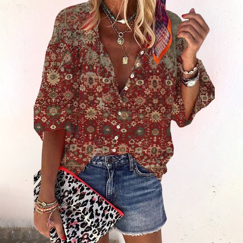 Women's Boho Button Front Blouse – V-Neck Long Sleeve Blouse