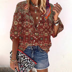 Women's Boho Button Front Blouse – V-Neck Long Sleeve Blouse