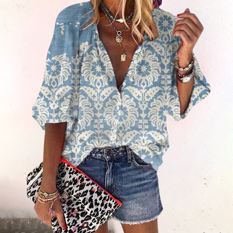 Women's Boho Button Front Blouse – V-Neck Long Sleeve Blouse