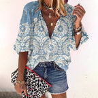 Women's Boho Button Front Blouse – V-Neck Long Sleeve Blouse