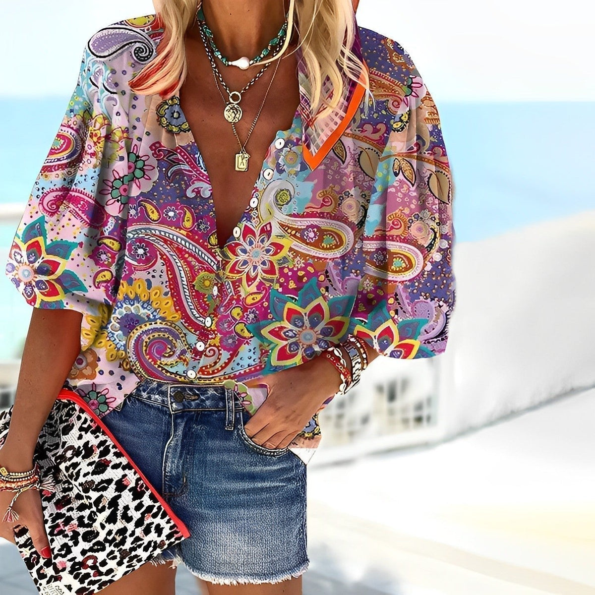 Women's Paisley V-Neck Blouse – Boho Printed Button Front Blouse