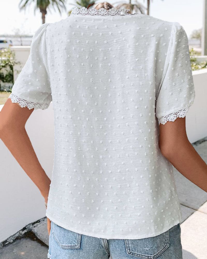 Women's Lace V-Neck Polka Dot Blouse – Boho Patterned Blouse