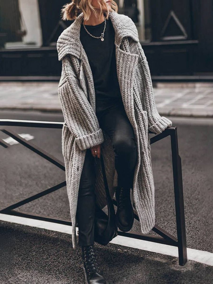 Women's Chunky Lapel Cardigan – Oversized Longline Button Cardigan