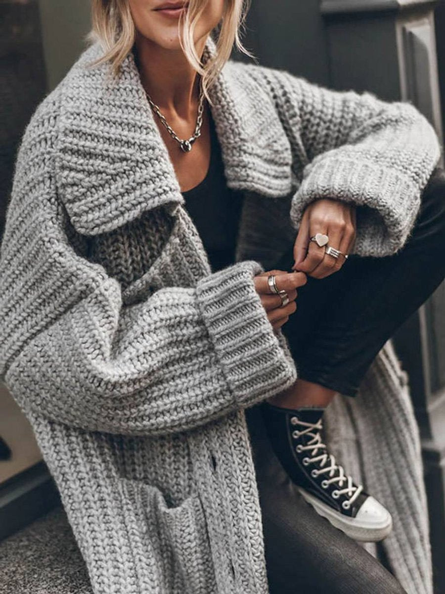 Women's Chunky Lapel Cardigan – Oversized Longline Button Cardigan