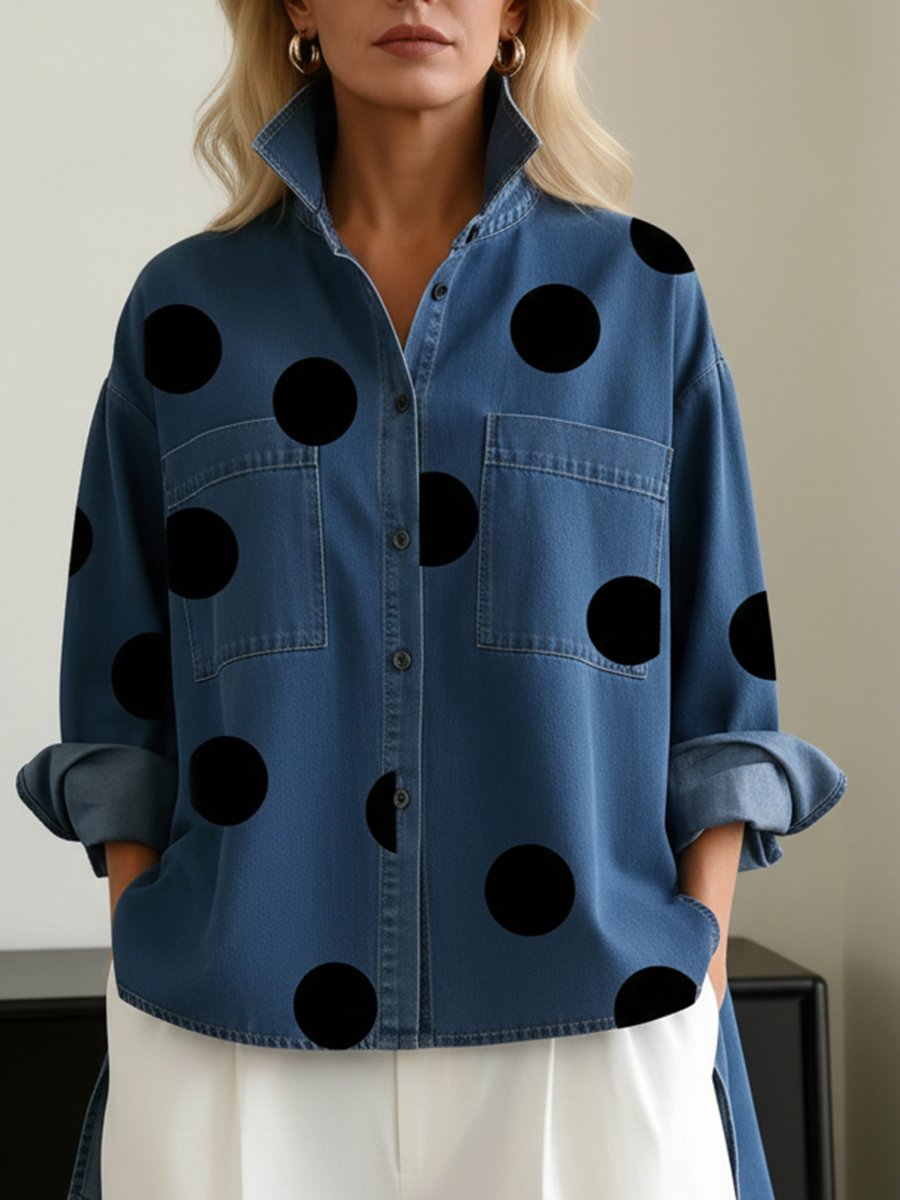 Women's Oversized Polka Dot Blouse – Long Sleeve Relaxed Shirt Blouse