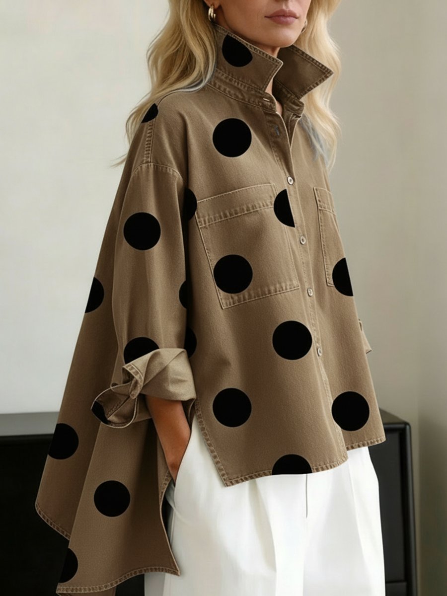 Women's Oversized Polka Dot Blouse – Long Sleeve Relaxed Shirt Blouse