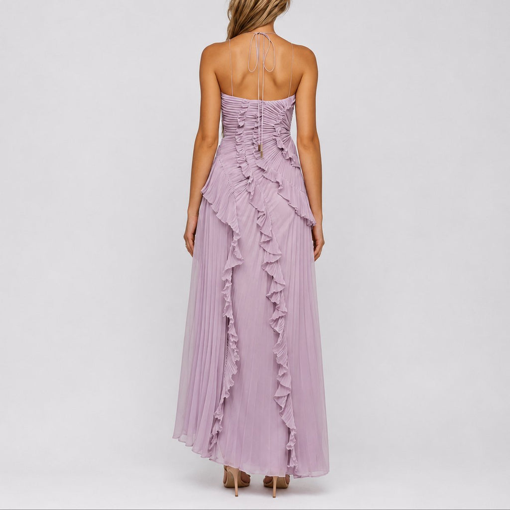 Women's Pleated Halter Wedding Guest Maxi Dress – Ruffle High Low Formal Dress