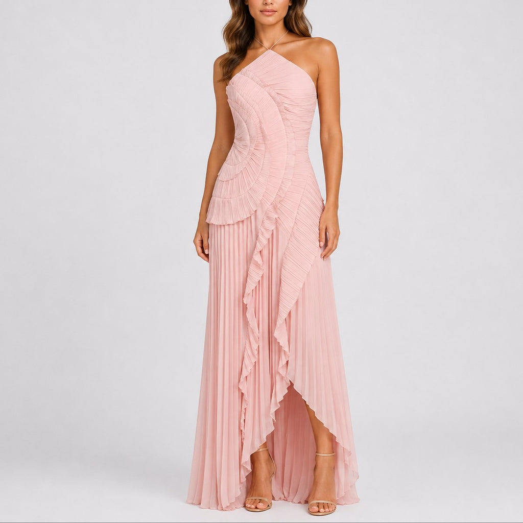 Women's Pleated Halter Wedding Guest Maxi Dress – Ruffle High Low Formal Dress