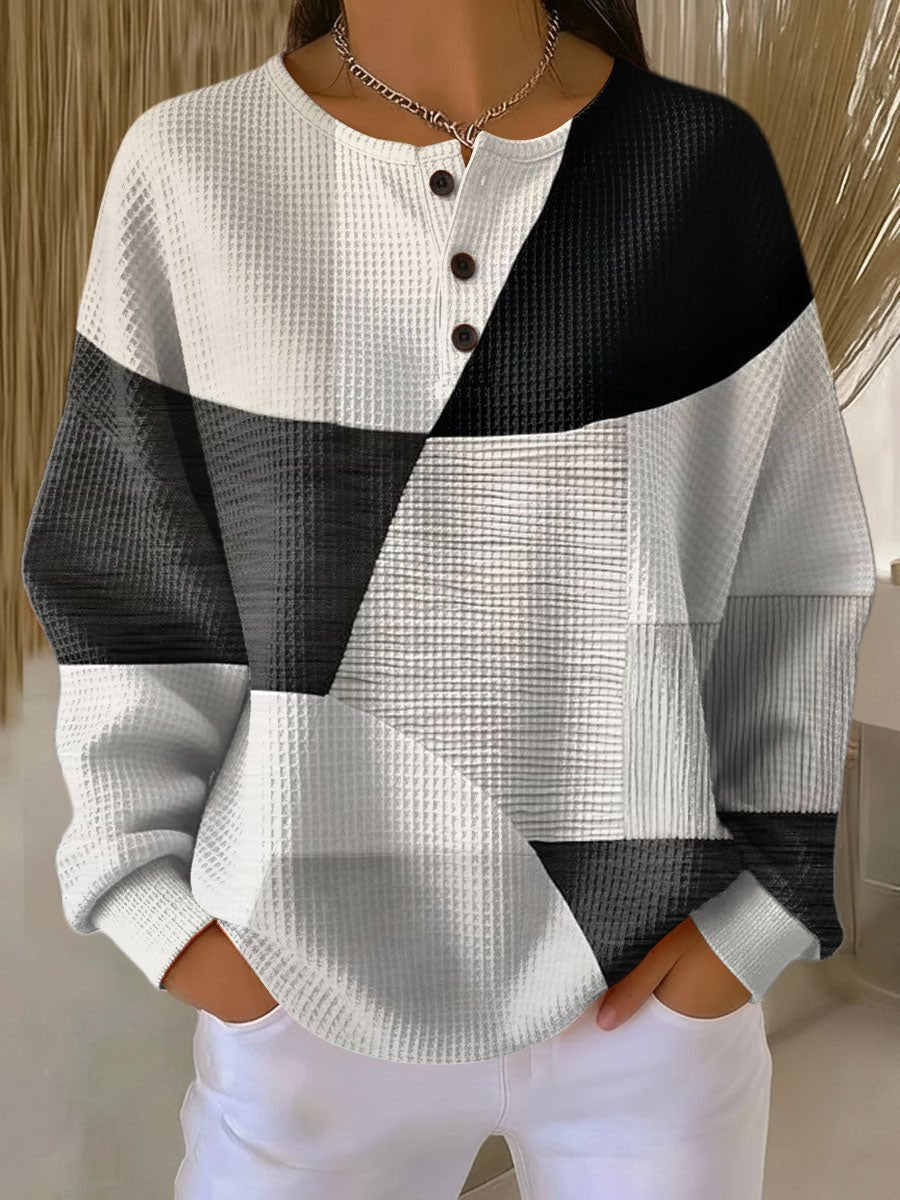Women's Henley Waffle Knit Sweater – Colour Block Button Neck Pullover