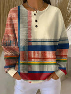 Women's Henley Waffle Knit Sweater – Colour Block Button Neck Pullover