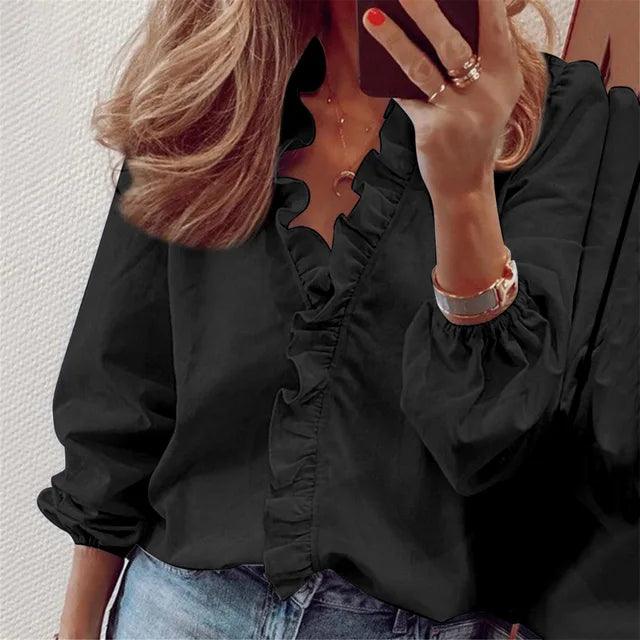 Women's Pleated Dress Blouse – V-Neck Flowy Long Sleeve Blouse