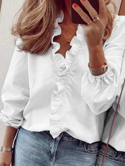 Women's Pleated Dress Blouse – V-Neck Flowy Long Sleeve Blouse