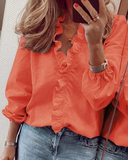 Women's Pleated Dress Blouse – V-Neck Flowy Long Sleeve Blouse
