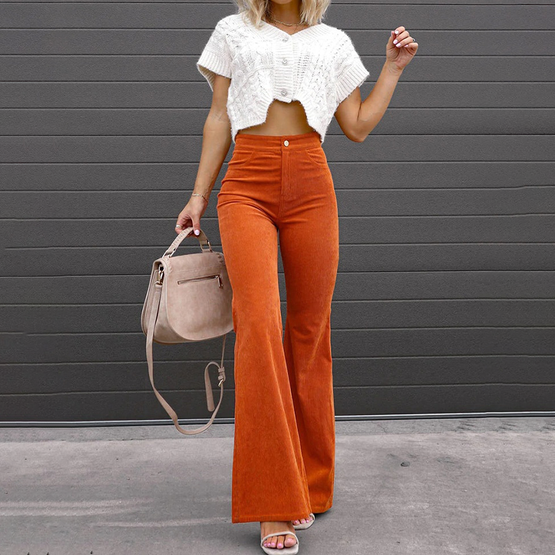 Women's Button Front Retro Flared Trousers – High Waist Pocket Pants