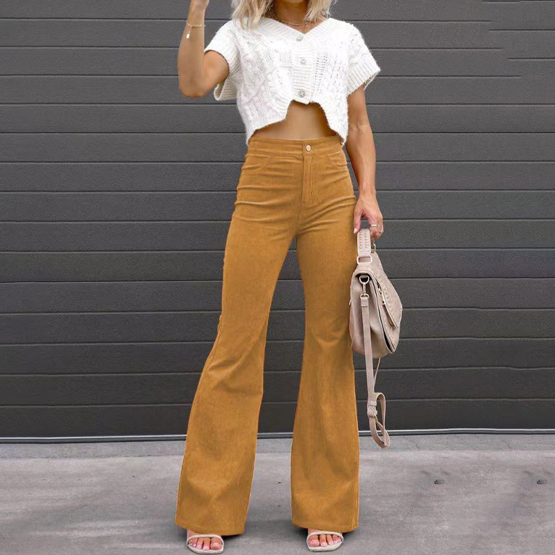 Women's Button Front Retro Flared Trousers – High Waist Pocket Pants