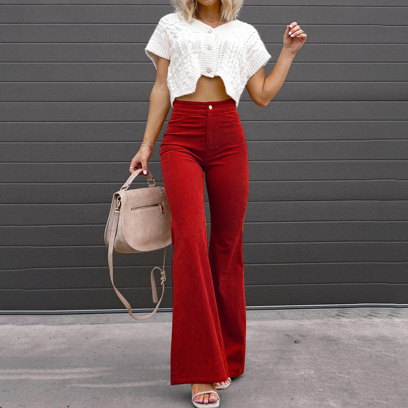 Women's Button Front Retro Flared Trousers – High Waist Pocket Pants