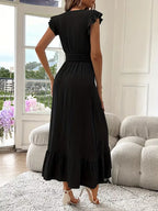 Women's V-Neck Tiered Evening Maxi Dress – Short Sleeve Smocked Waist Dress