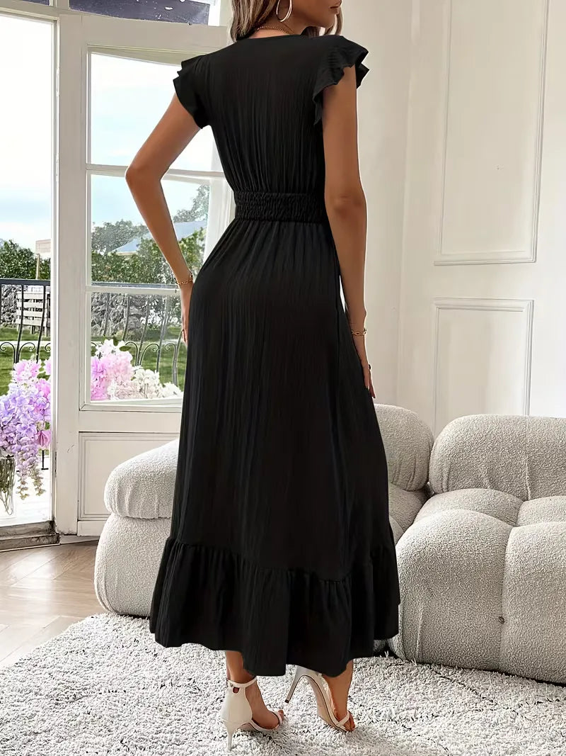 Women's V-Neck Tiered Evening Maxi Dress – Short Sleeve Smocked Waist Dress