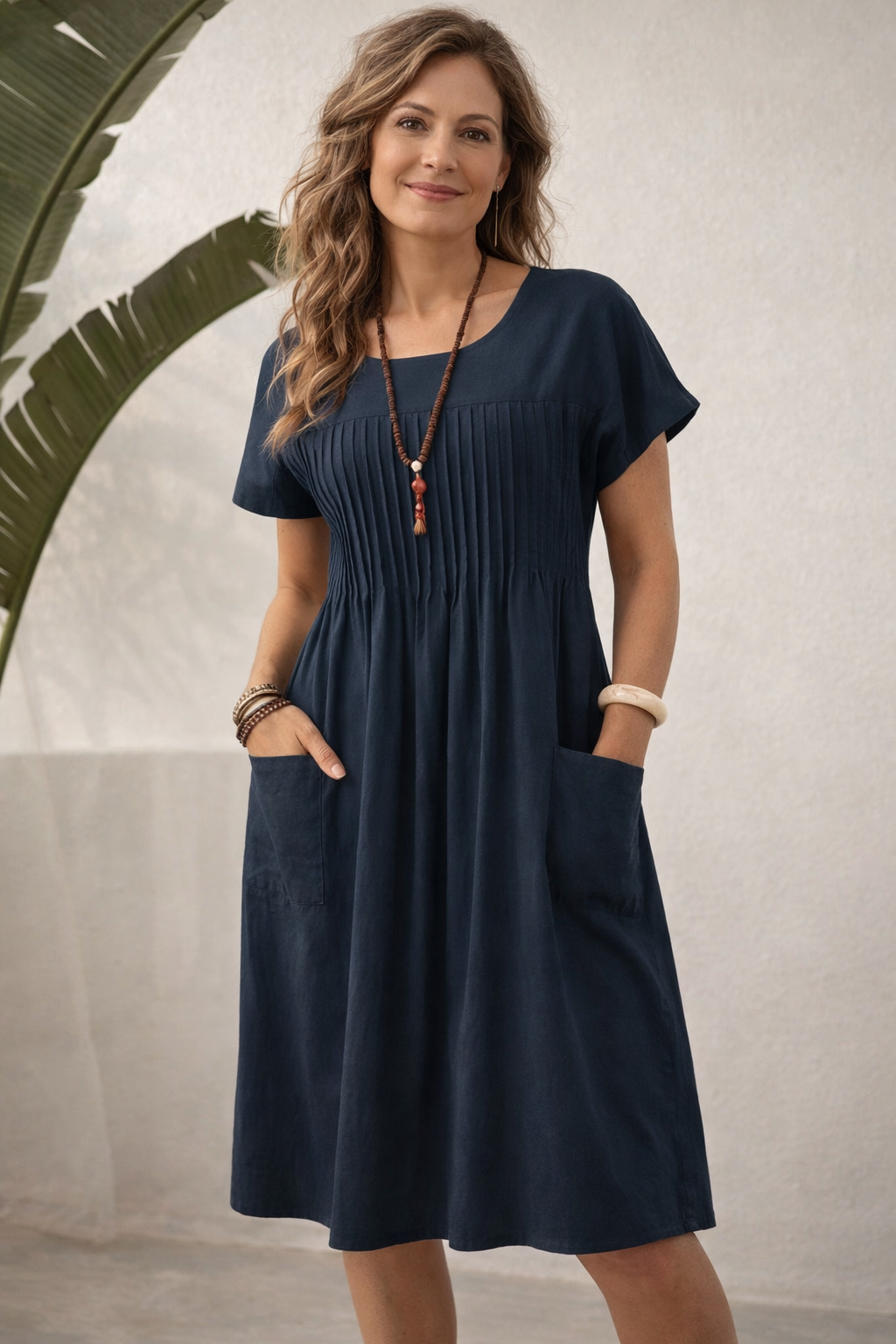 Women's Relaxed Pocket Midi Dress – Long Sleeve Casual Day Dress
