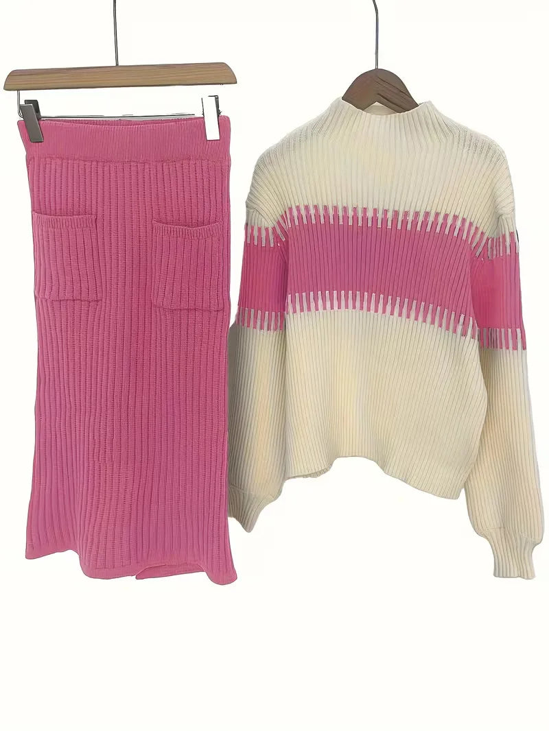 Women's Ribbed Knit Skirt Set – High Neck Sweater Co-Ord