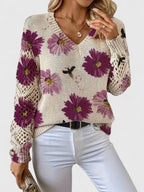 Women's V-Neck Floral Cardigan – Button Front Patterned Knit Cardigan