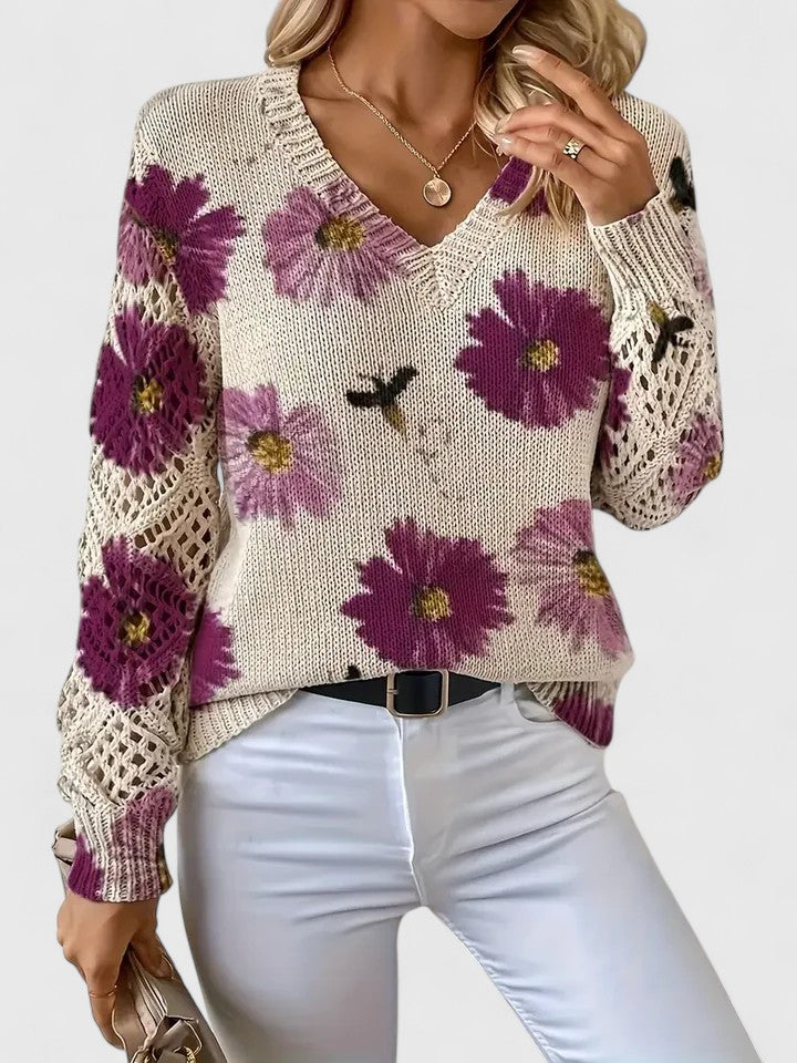 Women's V-Neck Floral Cardigan – Button Front Patterned Knit Cardigan