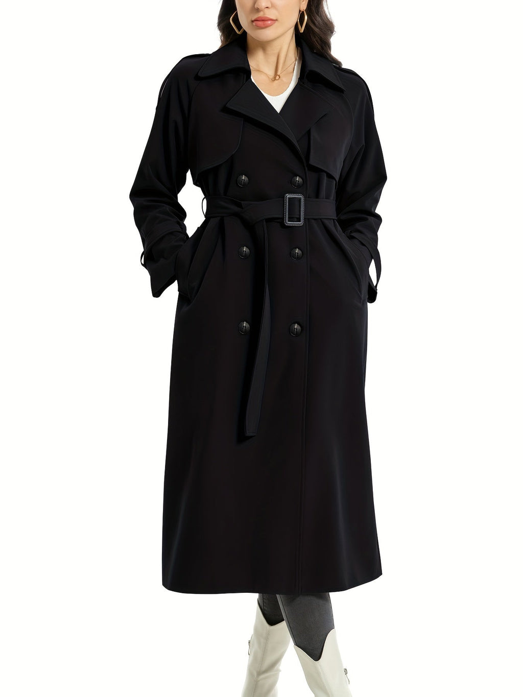 Women's Belted Wide Lapel Trench Coat – Classic Longline Overcoat
