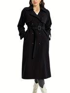 Women's Belted Wide Lapel Trench Coat – Classic Longline Overcoat