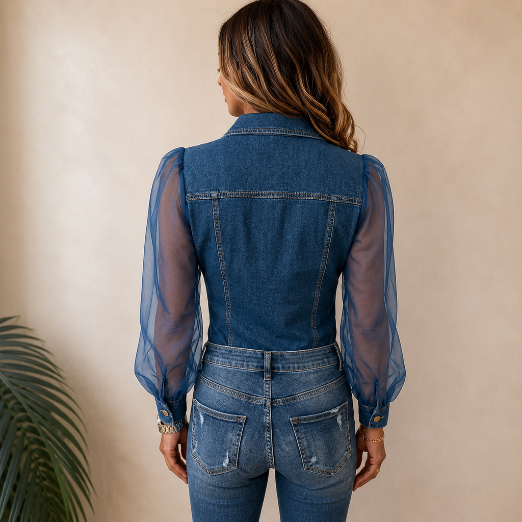 Women's Collared Shirt Blouse – Denim Look Long Sleeve Blouse