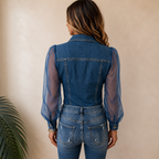Women's Collared Shirt Blouse – Denim Look Long Sleeve Blouse