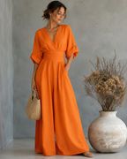 Women's V-Neck Wrap Wide Leg Jumpsuit – Cinched Waist Evening Occasion Jumpsuit