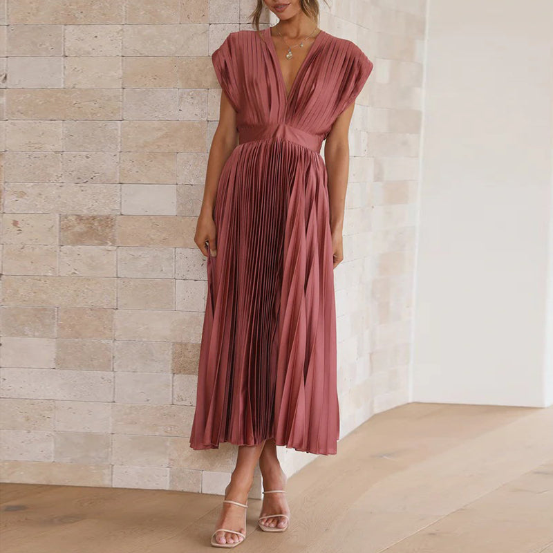 Alanah | V-Neck Pleated Wedding Guest Dress with sleeveless and a-line silhouette