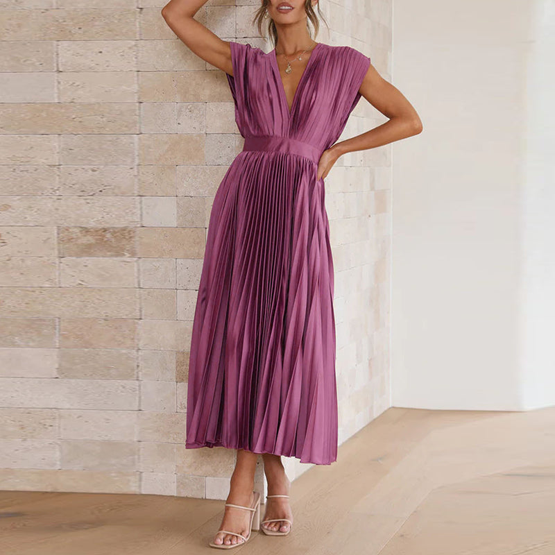 Alanah | V-Neck Pleated Wedding Guest Dress with sleeveless and a-line silhouette