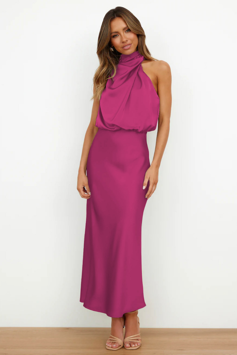 Women's Asymmetrical Neck Midi Dress – Fitted Statement Cocktail Dress
