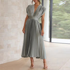 Alanah | V-Neck Pleated Wedding Guest Dress with sleeveless and a-line silhouette