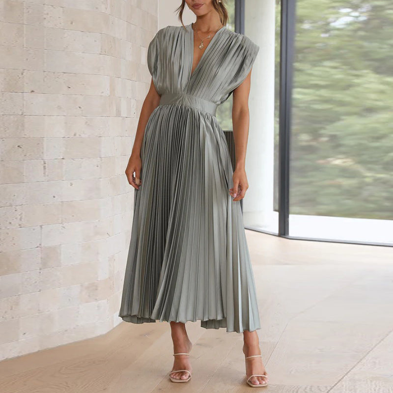 Alanah | V-Neck Pleated Wedding Guest Dress with sleeveless and a-line silhouette