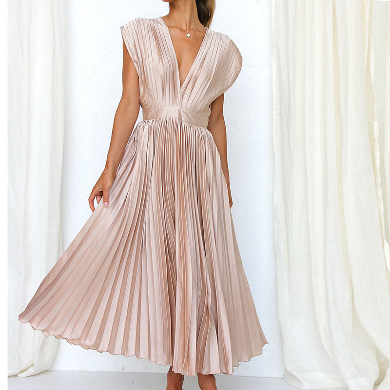 Alanah | V-Neck Pleated Wedding Guest Dress with sleeveless and a-line silhouette