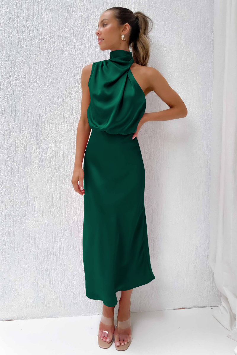 Women's Asymmetrical Neck Midi Dress – Fitted Statement Cocktail Dress