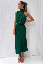 Women's Asymmetrical Neck Midi Dress – Fitted Statement Cocktail Dress