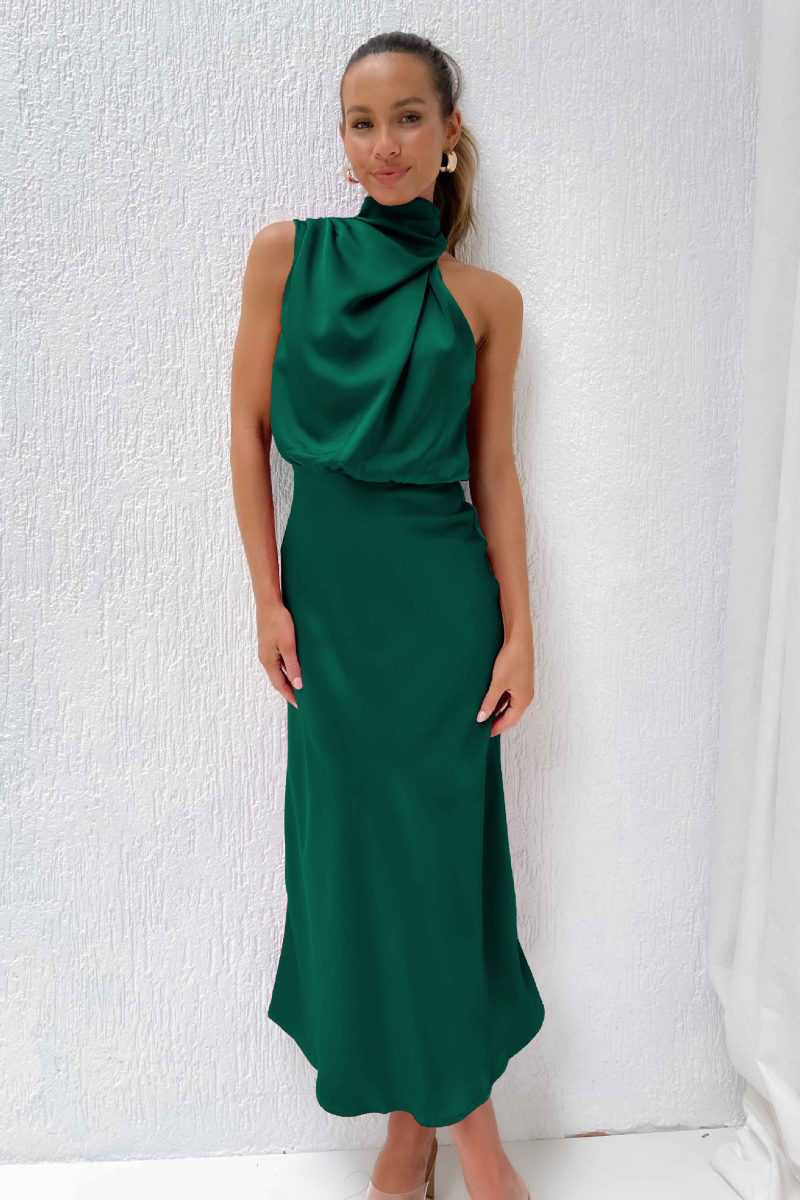 Women's Asymmetrical Neck Midi Dress – Fitted Statement Cocktail Dress